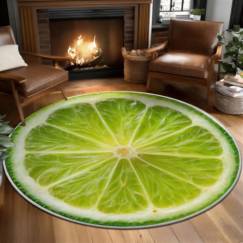 Round Rugs for Living Room, Bright Modern Green Lime Citrus Slice Pattern Decor, Large Washable Circle Rug Soft Floor Cushion, Cute Fruit Round Carpet with Non Slip Backing Indoor Play Area Space 2 ft - color: E, size: 2' (Round)