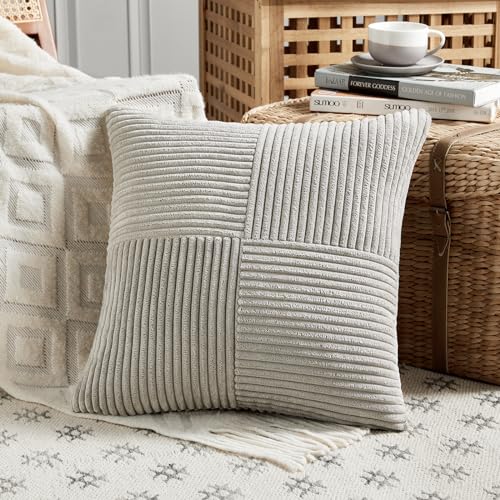 Fancy Homi 2 Packs Neutral Grey Samll Decorative Throw Pillow Covers 12x12 Inch with for Couch Bed Sofa, Rustic Farmhouse Boho Home Decor, Soft Corss Patchwork Corduroy Square Cushion Case 30x30 cm - color: Neutral Grey, size: 12" x 12" (Pack of 2)