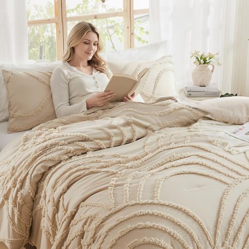 ENJOHOS Boho Comforter Twin Size - Neutral Cream Beige Tufted Twin Comforter Sets, Fluffy Jacquard Rainbow Arch Bedding for All Season, 1 Bed Comforter, 1 Pillowsham - color: Beige Comforter, size: Twin/Twin XL