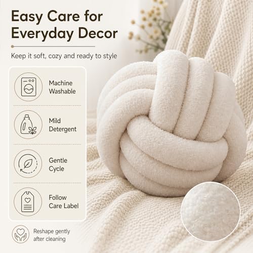 Petrella Beige Knot Pillow Ball, Handmade Soft Lambswool Round Throw Pillow for Chair, Couch and Neutral Room Decor, Small Decorative Pillows, Knotted Accent Cushion, 8 Inch - color: Beige, size: 8inch