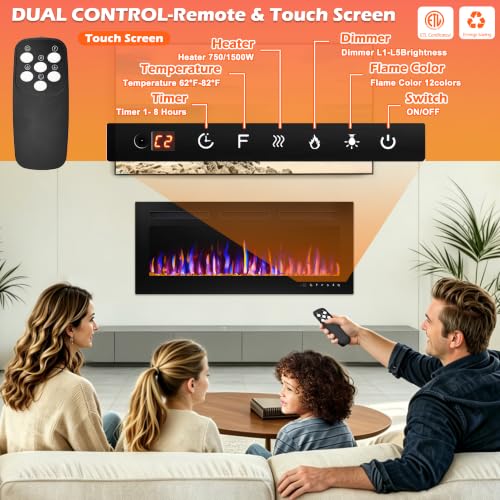BETELNUT 40" Electric Fireplace Wall Mounted and Recessed with Remote Control, 750/1500W Ultra-Thin Wall Fireplace Heater W/Timer Adjustable Flame Color and Brightness, Log Set & Crystal Options - size: 40 Inch