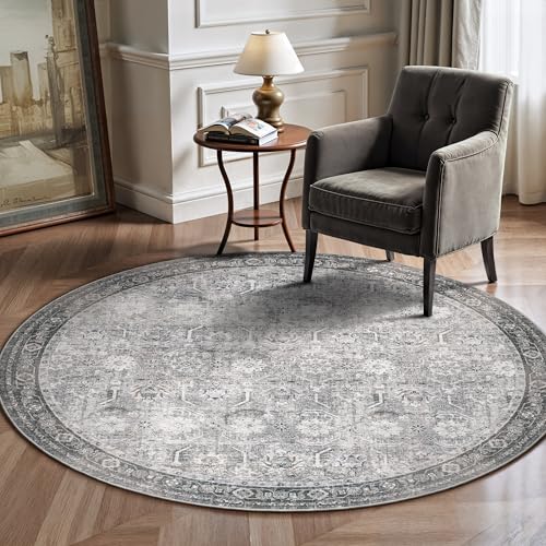 4FT Round Area Rugs, Soft Non Slip Low Pile Washable Rug, Circle Rugs for Entryway Indoor, Living Room, Bedroom, Laundry Room, Distressed Grey - color: Distressed Grey, size: 4 FT Round