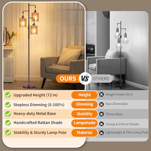 Hotsonic 72" Tall Boho Rattan Style Floor Lamp with Hand-Woven Paper Cord Shade, Dimmable Industrial Tree Standing Lamp for Living Room, Bedroom, Study Room, Office (3 x 800LM Bulbs Included) - Brown - color: Oil-Rubbed Bronze+Light Brown
