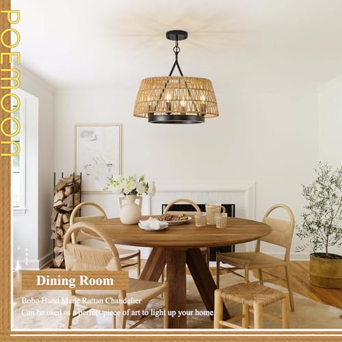 Boho Woven Chandeliers Hand Rattan Ceiling Pendant Lighting Rustic 4-Light 18" Hanging Light Fixture for Dining Room, Hallway, Entryway, Kitchen,Bedroom, E12 - size: Trapezoid-17.7''-V