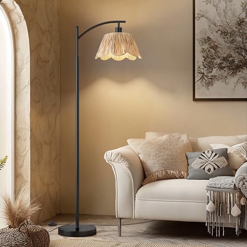 Oneach Boho Floor Lamp with 3 Color Temperatures, Farmhouse Floor Lamps for Living Room with Remote & Dimmable Bulb, Rattan Floor Lamp for Bedroom, Black - color: Pure Black