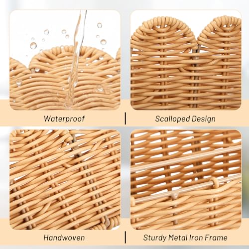 Ripeng 2 Pcs Scalloped Hanging Shower Caddy, Wicker Wall Bathroom Shelves, Waterproof Shower Shelves for Cosmetics, Toiletries Organization and Storage, Rattan Wall Rack for Bathroom Decor