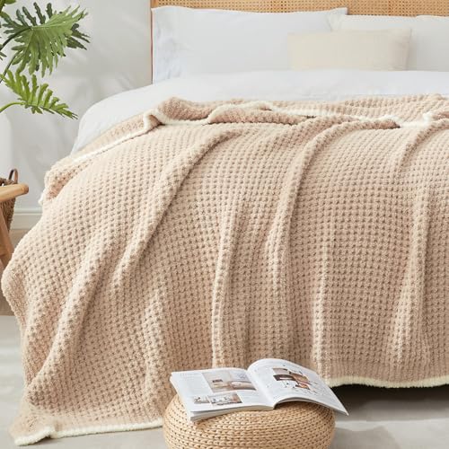 Snuggle Sac Waffle Throw Blanket for Couch Bed Sofa 50x60 inches, Reversible Beige Blanket Microfiber Fluffy Fuzzy Cozy Knit Soft Throws for Women Mothers Birthday Gifts - color: Waffle Beige, size: Throw(50"x60")