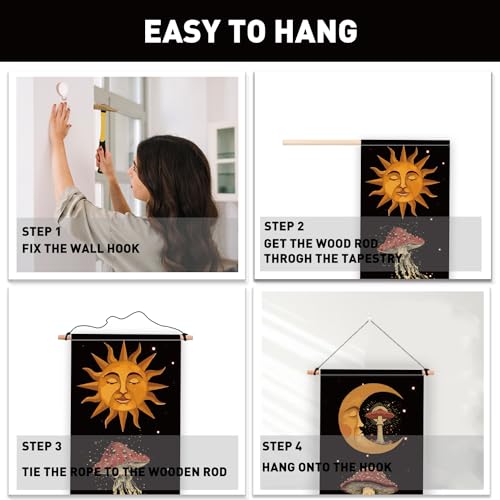 PLIGREAT 2 Pack Mysterious Art Mushroom Tapestry Vertical Boho Sun Moon Wall Hanging with Tassels Aesthetic Wall Tapestry for Bedroom Bathroom Living Room Long Narrow Wall Hanging Home Art Decor - color: Yellow and Purple