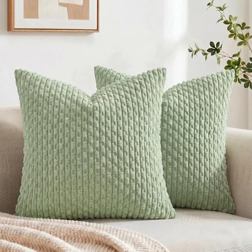 Fancy Homi 2 Packs Sage Green Decorative Throw Pillow Covers 18x18 Inch for Couch Bed Sofa, Modern Farmhouse Boho Home Decor, Soft Cute Plush Corduroy Cushion Case 45x45 CM - color: Sage Green, size: 18" x 18" (Pack of 2)