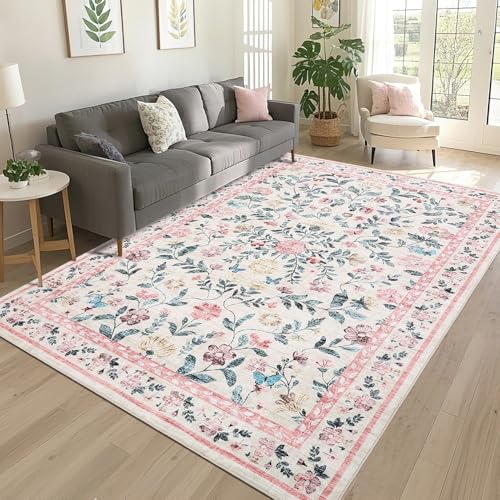 GarveeHome Floral Washable Rug 4x6, Non-Slip Low Pile Botanical Carpet, Vintage Farmhouse Area Rug for Bedroom Nursery Kids Room Home Decor, Pink - color: Pink, size: 4' x 6' (Rectangular)