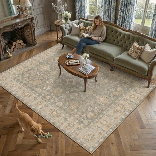 HUGEAR 9x12 Washable Vintage Area Rug Brown Neutral Distressed Low Pile Non Slip Soft Carpet Indoor Large Throw Rug for Living Room Bedroom Dining Room Home Office - color: Brown, size: 9' x 12' (Rectangular)