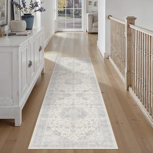 PureCozy 2x6 Runner Rug Washable Neutral Gray Vintage Hallway Kitchen Carpet Non Slip Low Pile Soft Floral Indoor Long Grey Throw Rug for Bedroom Bathroom Laundry Living Room - color: Vintage | Gray, size: 2' x 6' (Runner)