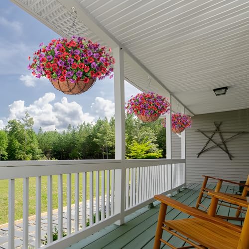 Artificial Silk Flowers Hanging Basket for Outdoor Indoor, Daisy with Eucalyptus Leaves Arrangement for Garden Yard Spring Summer Decor, Faux Green Plant in Metal Coconut Lining Pot(Red Purple) - color: Reddish Purple
