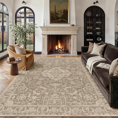 HUGEAR 9x12 Area Rug Taupe Machine Washable Rug Distressed Room Decor Vintage Living Room Carpet Low Pile Non Slip Throw Rugs for Bedroom Dining Room Soft Lightweight - color: C| Taupe, size: 9' x 12' (Rectangular)