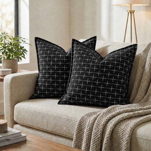 AVOIN colorlife Pack of 2 Decorative Throw Pillow Covers 26x26 Inch, Flange Edges Woven Textured Cushion Case Home Decor for Couch Sofa Bed Living Room Black - color: Black, size: 26" x 26" (Pack of 2)
