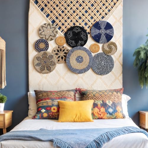 Tatuo 11 Pcs Boho Wall Basket Decor Bulrush Woven Wall Hanging Art Round Farmhouse Rustic Handmade Wicker for Summer Home, Bedroom, Living Room, Kitchen Decorations, Multi Sizes(Blue) - style: Blue