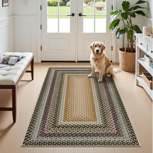 Ileading Faux Braided Area Rug 3'x5' Washable Farmhouse, No-Shed Non-Slip Woven Carpet, Pet Friendly Stain Resistant Jute Style Rug for Kitchen Bedroom Bathroom Entryway - color: Multi Color-yellow, size: 3' x 5'(Rectangular)