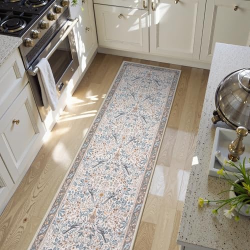 Morebes Boho Floral Birds 2x6 Kitchen Runner Rugs Non Skid Washable, Flower Rug Runners for Hallways Non Slip, Soft Botanical Indoor Throw Carpet for Entry Bedroom Laundry Room, Beige - color: Beige_01, size: 2' x 6' (Rectangular)