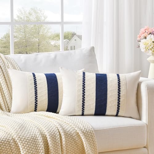 Fancy Homi Set of 1 Navy Blue Lumbar Decorative Throw Pillow Covers 12x24 Inch for Couch Bed Sofa Living Room, Aesthetic Modern Organic Farmhouse Home Decor, Soft Cotton Woven Textured Cushion Case - color: Navy Blue, size: 24" x 12" (Pack of 1)
