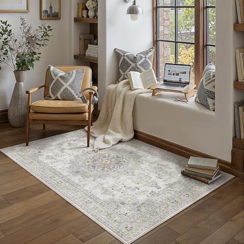 HUGEAR 3x5 Area Rugs Machine Washable Rugs Vintage Grey Living Room Bedroom Rug Non-Shedding Low Pile Persia Throw Carpet Non Slip for Dining Room Kitchen Office Home Decor - color: Beige / Grey, size: 3' x 5' (Rectangular)