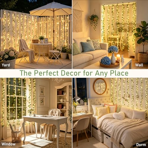 JMEXSUSS Vines Lights for Bedroom, 200 LED Vines Fairy Lights, Artificial Pothos Leaf Light for Wall Curtain Wedding Party Christmas Indoor Decor, 6.5ft x 6.5ft with Remote - color: Pothos, size: 6.5x6.5ft - 200 LED