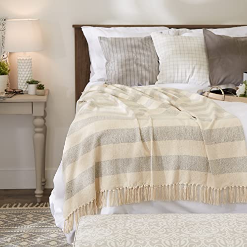 DII Rustic Farmhouse Cotton Cabana Striped Blanket Throw with Fringe, 50 x 60 - Cabana Striped Gray & Off-White - color: Gray & Off-white