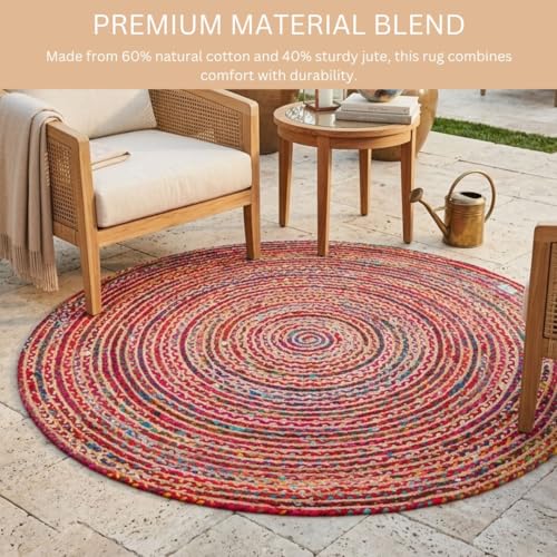 WeWove Hand Woven Area Rug 4 Feet Round - Jute Cotton Area Rug Rustic Farmhouse Boho Accent Rug for Living Room Bedroom Kitchen Dorm Entryway Hallway - Handcrafted Floor Rug - size: 4' (Round)