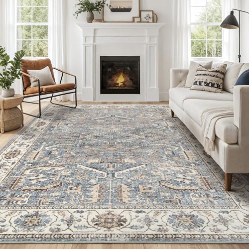 6x9 Area Rugs for Living Room - Washable Soft Large Vintage Rug Non-Slip Stain Resistant Traditional Stain Resistant Indoor Floor Low Pile Carpet for Bedroom Dining Room or Home Office - Blue Multi - color: Blue, size: 6' x 9' (Rectangular)