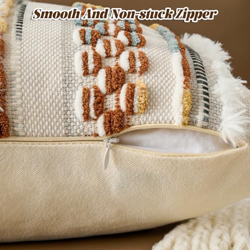 AmHoo Chenille Striped Tufted Textured Boho Throw Pillow Covers Aesthetic with Tassels Woven Decorative Pillow Case for Couch Bed Sofa Bedroom Modern Funky 18 x 18-Inch Brown White - color: Brown White, size: 18" x 18" (Pack of 1)