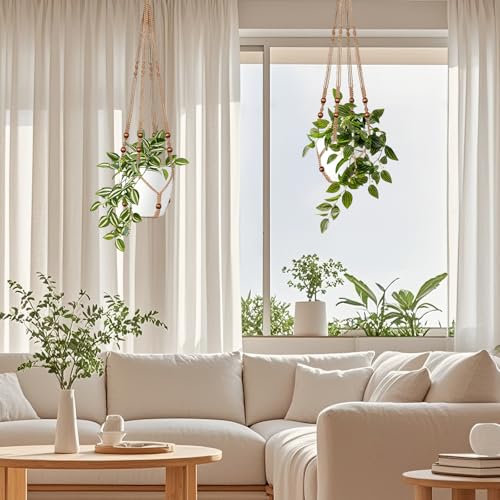 LEWESU Jute Macrame Plant Hanger Indoor Set of 2 Hanging Planter Basket Flower Pot Holder with Decorative Wood Beads & No Tassels for Indoor Outdoor Boho Home Decor, 35 Inch Brown (Pots Not Included) - color: Brown, size: 35" Set of 2