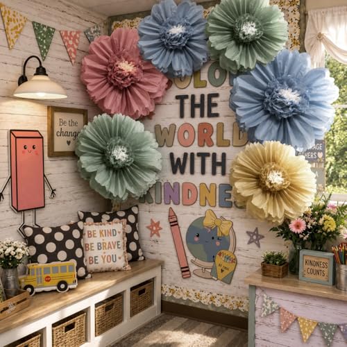 Giegxin 6 Pcs 31.5", 24" Boho Giant Paper Flower Morandi Back to School Bulletin Board Decoration Large Green Blue Classroom Tissue Flower for Wall DIY Nursery Photo Backdrop First Day of School Party - color: Pink,Green,Yellow,Blue, size: 31.5", 24"