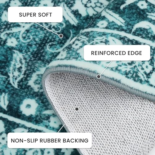 Vintage Washable 2x5 Rug Runner, Teal Runners for hallways, Super Soft Kitchen Runner Rug Non Slip, Print Faux Wool Floral Thin Carpet Runner for Entryway Indoor Bedroom - color: Vintage Teal, size: 2' x 5' (Runner)