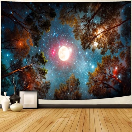 Delur Forest Tapestry Galaxy Moon Stars Night Space Starry Sky Wall Hanging Tapestry Aesthetic Tree Nature Landscape Psychedelic Headboard for Bedroom Living Room Home Decor (51.2" x 59.1") - color: Moon Forest, size: 51.2"L x 59.1"W