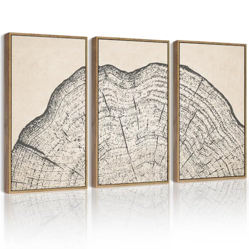 PHOPAGO Farmhouse Vintage Framed Wall Art Set Gray Wood Tree Ring Spirals Nature Abstract Drawings Rustic Modern Art Decor for Living Room Bedroom - 11x14in Natural Framed - color: Vintage Tree Ring, size: 11" x 14" x 3 Pcs Natural