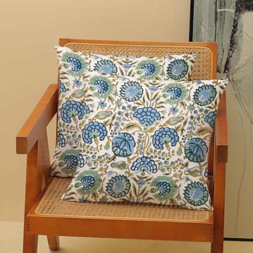 Boho Throw Pillow Covers 16x16 Inch 2 Pcs Navy Blue Sage Green Yellow Vintage Floral Decor Pillow Covers Flower Outdoor Seasonal Decorative Pillowcase Linen Cushion Cover for Couch Sofa - color: Blue Green Yellow Flower, size: 16" x 16" (Pack of 2)