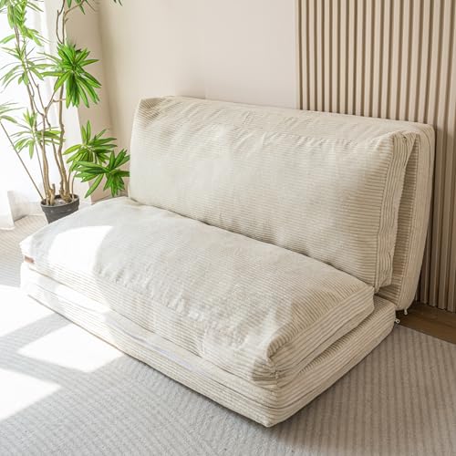 MAXYOYO Folding Sofa Bed, Floor Sofa Convertible Chair with Washable Cover, Floor Couch Lounge Bean Bag Chair Bed for Living Room, Beige, 30x91 Inch - color: Beige, size: Classic Single
