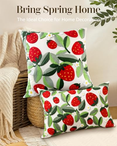 Embroidered Lumbar Pillow Cover - 20x12 Decorative Pillow Cover with Zipper Aesthetic Cute Design Boho Spring Summer Throw Pillowcase for Living Room Couch Sofa Bed, Leaf Strawberry - color: Leaf Strawberry, size: 20" x 12" (Pack of 1)