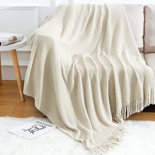 Blagic Knitted Throw Blanket for Couch Soft Farmhouse Boho Throw Blanket with Tassels Home Decorative Lightweight Throw Blankets,Cream White Throws for Bed/Chair/Sofa, Stripe Textured, 60" W x 80" L - color: J-creamy White, size: 60 × 80 in