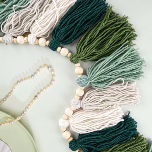 GIAUMA Green Tassel Garland with Wood Bead Jungle Leaves Woodland Forest Boho Wall Hanging Tassels Bunting Banner for Classroom Nursery Dorm Kids Bedroom Room Baby Shower Birthday Party Office Decor - color: Green