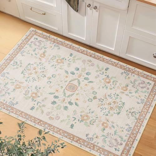 MUJOO Boho Small Rug Washable,2x3 Area Rugs for Entryway,Floral Front Door Mat Indoor Entrance Entry Way,Boho Kitchen Bathroom Floor Rug Throw Carpet Non Slip Low Pile Vintage Beige - color: Beige, size: 2' x 3' (Rectangular)