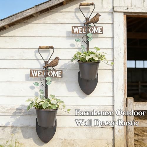 2Pcs Metal Wall Planter,Vintage Wall Hanging Planter with Welcome Sign, Rustic Farmhouse Wall Decor with Bird, Garden Wall Plant Holder for Porch Patio Entryway