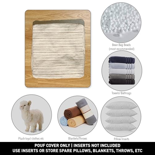 Chardin home Unstuffed Ottoman, Cozy & Bohemian Pouf Covers, Hand Crafted Casual Seating, Footrest, Square Floor Pillow for Home, Office, Bedroom, Living Room, 16.5" x 16.5"x 12.9", Beige-Off White - color: Beige-cream, size: 16.5"D x 16.5"W x 12.9"H