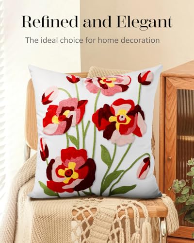 Embroidered Throw Pillow Cover - 18x18 Decorative Pillow Cover with Zipper Aesthetic Cute Design Boho Spring Summer Cozy Throw Pillowcase for Living Room Couch Sofa Bed, Rose Flowers - color: Rose Flowers, size: 18" x 18" (Pack of 1)