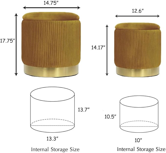 Round Ottoman with Storage Set of 2 Upholstered Velvet Vanity Stool for Living Room Storage Ottomans Multifunctional Foot Rest (Yellow with Bottom Gold)