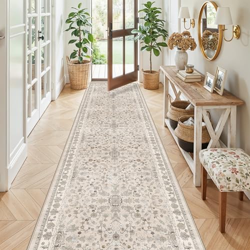 3x12 ft Long Kitchen Runner Rug - Non-Slip Washable Hallway Rug with Rubber Backing,Boho Floral Soft Low Pile Floor Carpet Runner for Entryway,Bedroom,Living Room（Beige,3x12） - color: Beige, size: 3' x 12' (Rectangular)