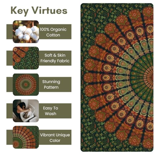 FURNISHFUL FINESSE Handmade Cotton Peacock Mandala Tapestry - Indian Boho Wall Decor, Bohemian Hippie Room Hanging for Bedroom & Living Room- 54x84 Inches, (Golden Green) - color: Golden Green, size: 84"L x 54"W
