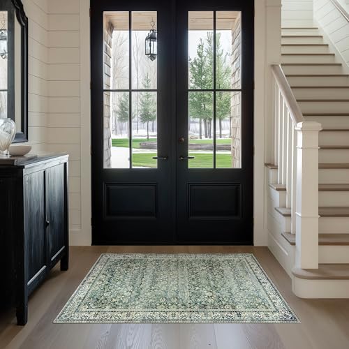 3x5 Area Rug for Entryway Indoor Low Pile Green Rugs with Washable Non Slip Boho Vintage Distressed Ultra Thin Entry Way Rugs for Kitchen Laundry Room Bathroom Inside House,3 x 5,Dark Green and Blue - color: Dark Green, size: 3' x 5' (Rectangular)