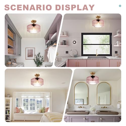 Pink Close to Ceiling Light Hallway Light Fixtures Vintage Antique Gold Ceiling Lamp with 11.02" Stripes Glass Shade, Flush Mount Ceiling Light for Closet Entryway Shower Light - color: Pink
