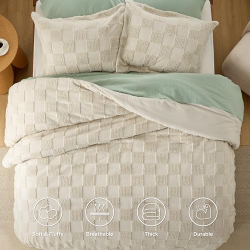 Bedsure Queen Size Comforter Set Olive Green, Boho Tufted Bed Set, Checkered Farmhouse-Style Distressed Vintage Bedding, 3 Pieces, 1 Plaid Geometric Comforter and 2 Pillow Shams - color: 02 - Olive Green - Tufted Checkboard, size: Queen