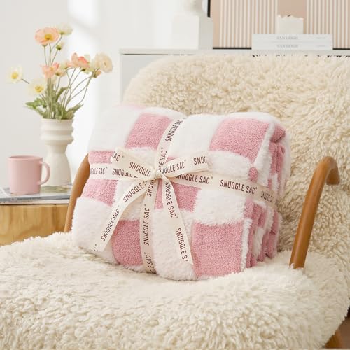 Snuggle Sac Pink Checkered Throw Blanket Faux Fur Microfiber Blankets for Couch,Cozy Soft Warm Blanket for Sofa Bedroom Living Room,Pink Checker,50x60 inches - color: Pink White, size: Throw(50"x60")